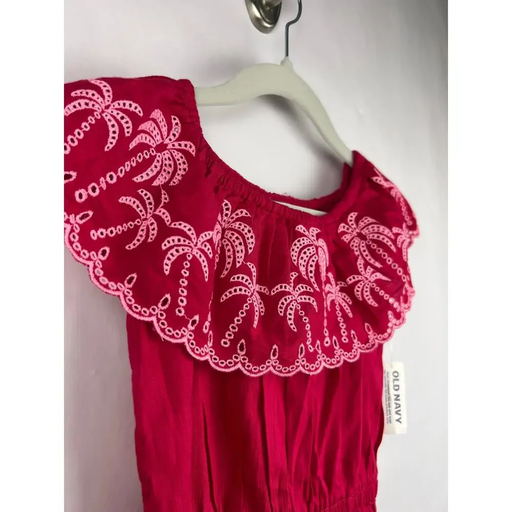 Old Navy Pink Embroidered Palm Ruffle Romper Girls 4T Cotton Summer Playwear
